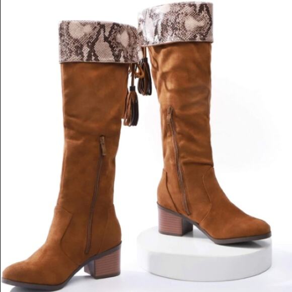 Trary brown suede over the knee high snake chunky heel boots NEW - Picture 2 of 10